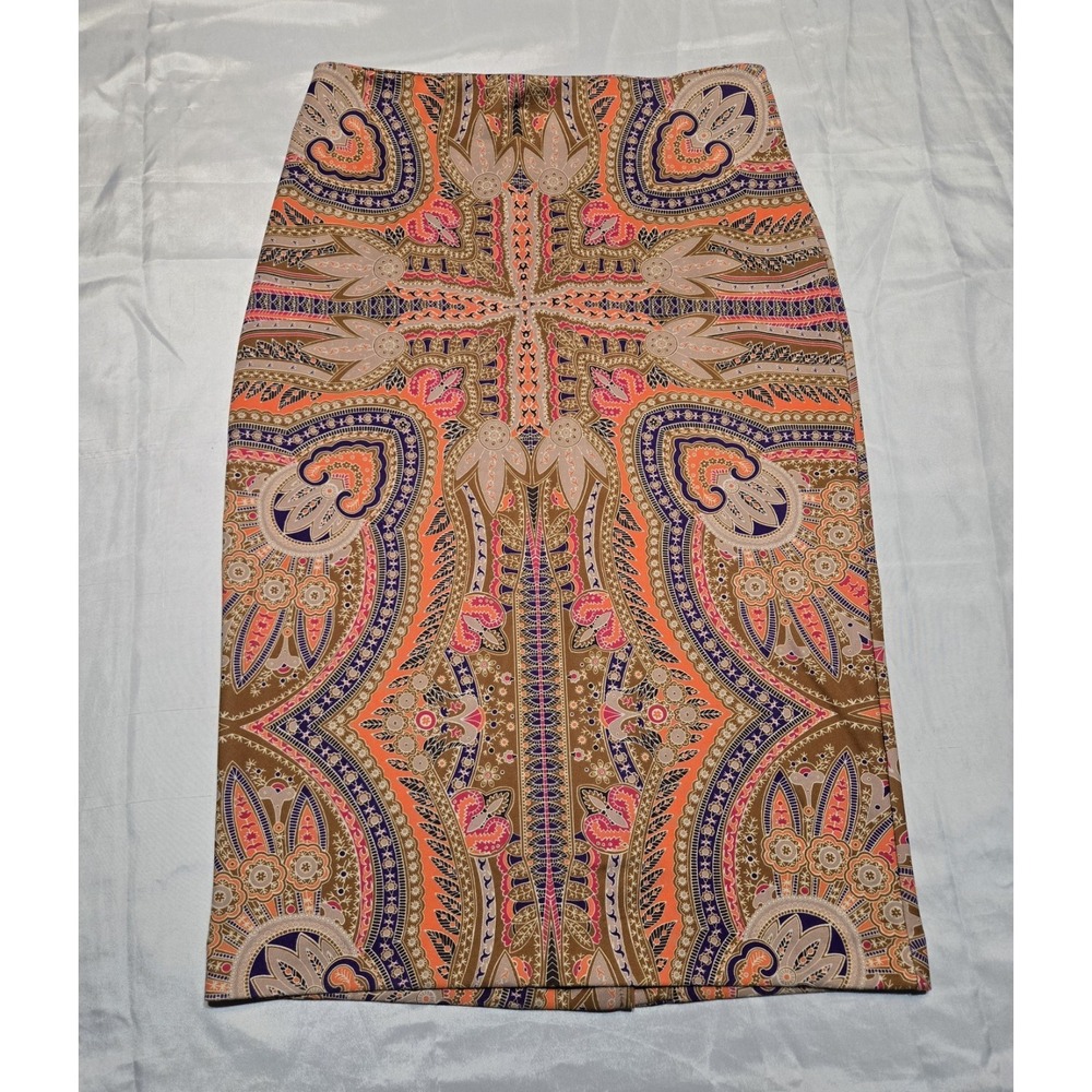 New York & Company Orange Colorful Paisley Pencil Skirt Size 4 Midi Stretch
